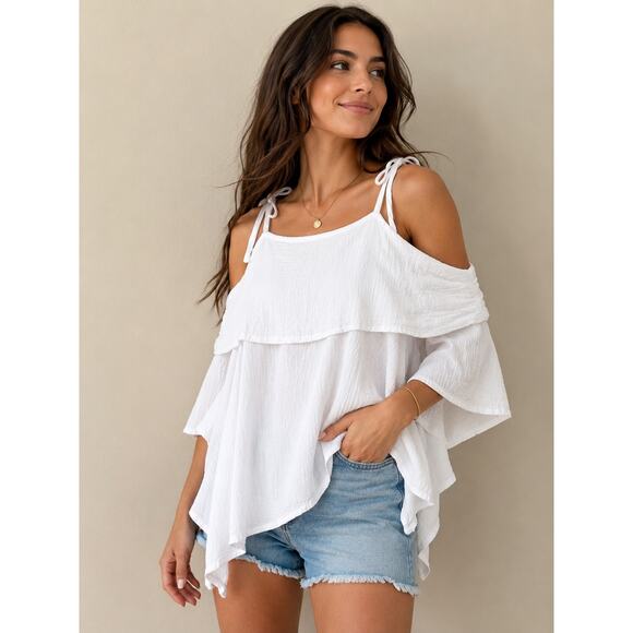 Oh My Gauze! Tops - Oh My Gauze! White Off-Shoulder Gauze Blouse with Tie Straps